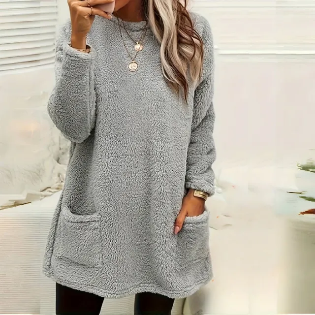 Women's Long Sleeved Pocket Plush Hoodie T shirt Grey - Shop at LoveMi