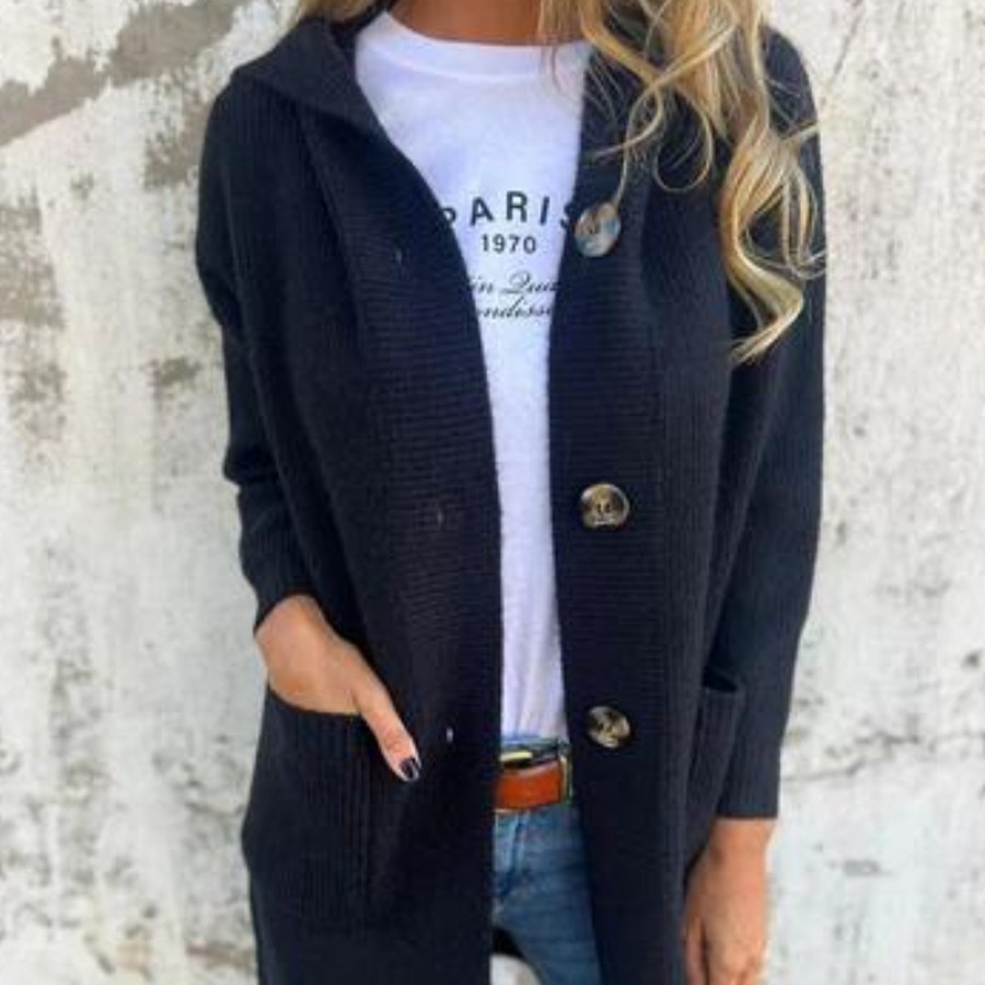 Women's Hooded Knitted Coat With Pockets