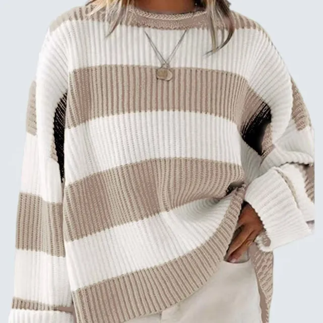 Loose Striped Sweater Fashion Casual Long Batwing Sleeve Round Neck Pullover Knit Tops Women Clothing Khaki - Shop at LoveMi