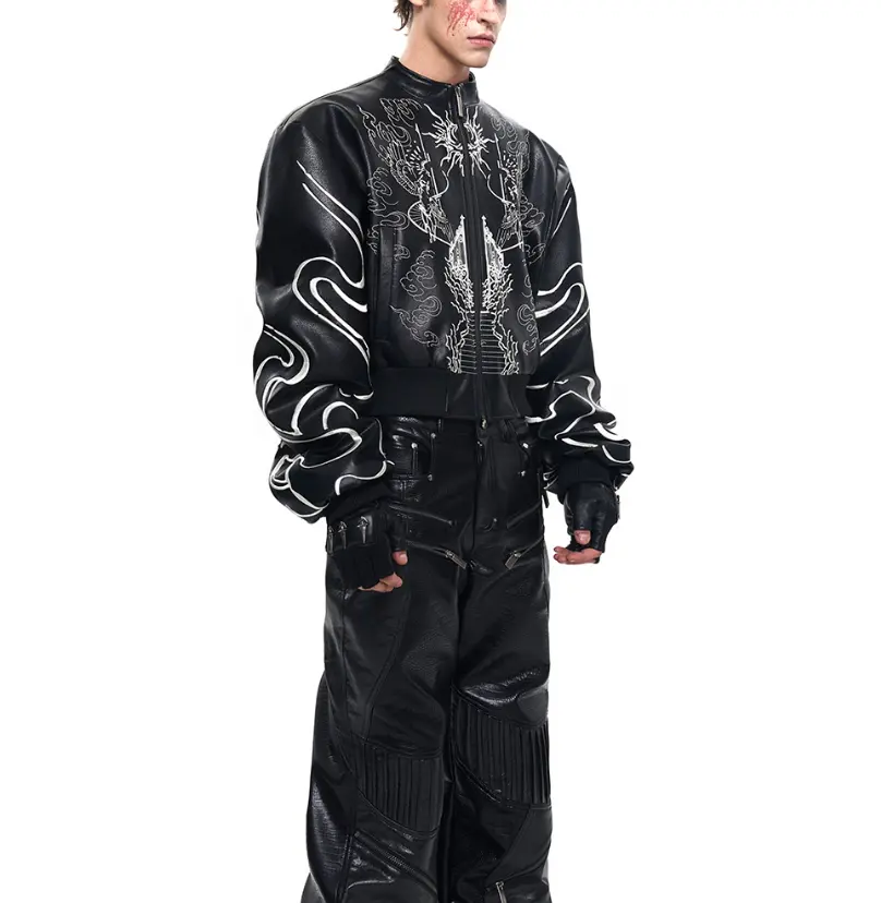 Design Back Embroidery Short Leather Coat
