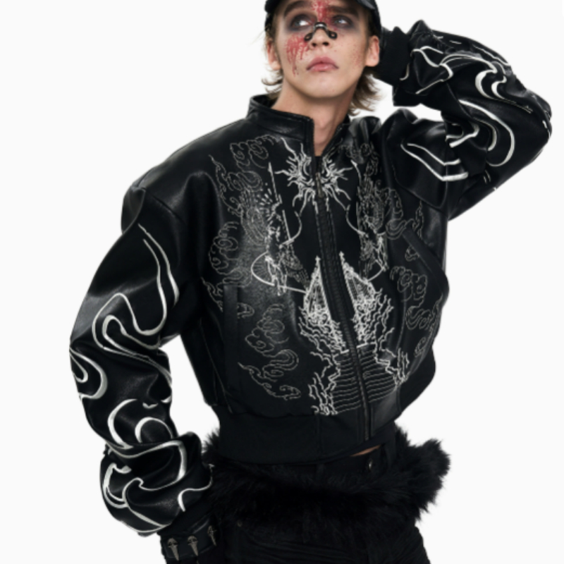 $160.56 Design Back Embroidery Short Leather Coat