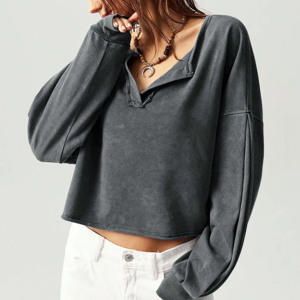 Solid Color V-neck Long Sleeved Loose Fitting Pullover - Dark Grey