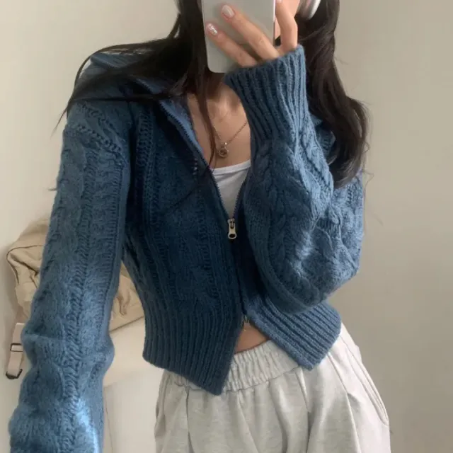 Early Sweater Coat Slim Fit Slimming V neck Long Sleeve Top Blue - Shop at LoveMi