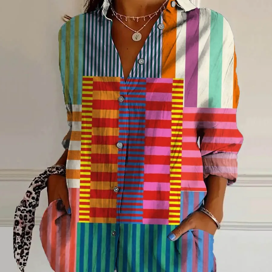 Striped Long-sleeved Shirt Women's Rainbow Cardigan Contrast Color Coat Lapel - Style 5