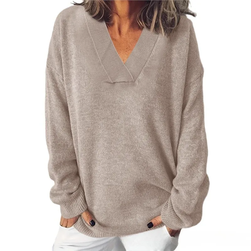 Women's V-neck Loose Soft Glutinous Lazy Style Long Sleeve Sweater - Grey