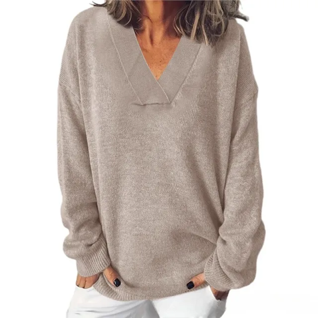 Women's V neck Loose Soft Glutinous Lazy Style Long Sleeve Sweater Gray - Shop at LoveMi