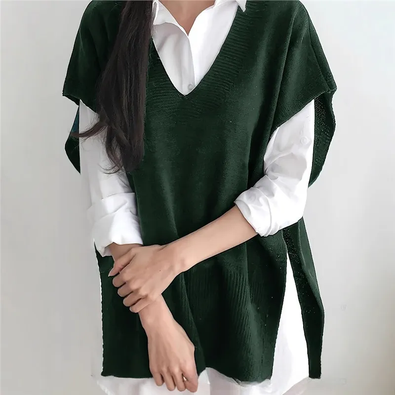All-matching Loose V-neck Plus Size Sweater Vest - Dark Green