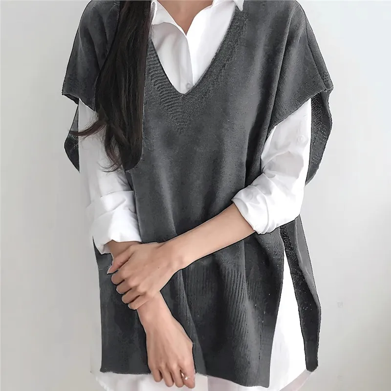 All-matching Loose V-neck Plus Size Sweater Vest - Gray