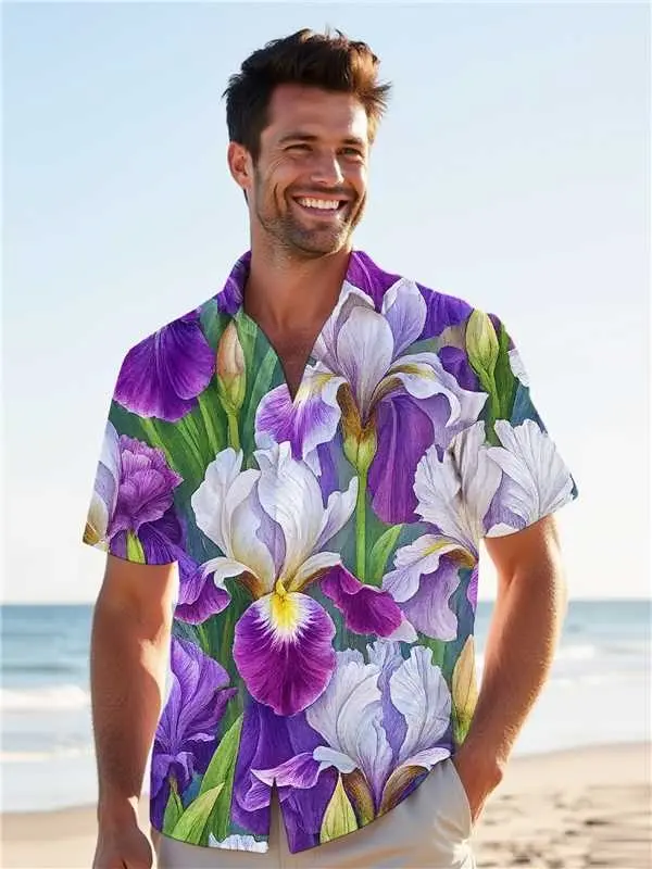 Lapel Printed Sleeve Button Men's Shirt