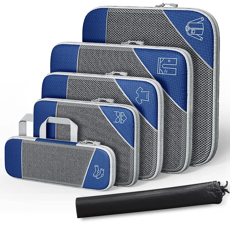 Travel Storage Bag Suit Luggage Organizing Portable With Net Compression Portable - Navy Blue Six Piece Set