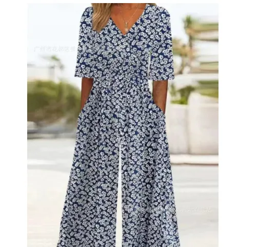 Spring And Summer Print Women's Pocket Collar Jumpsuit 5Xl Color9 - Shop at LoveMi