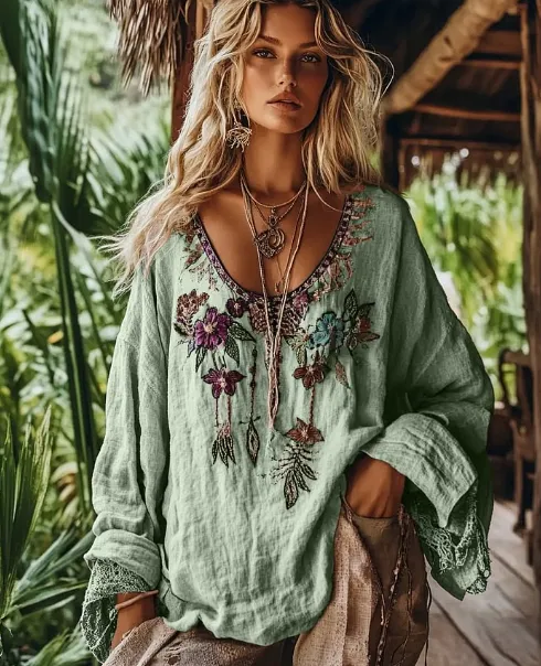 Vintage Violet Floral Art V Neck Cotton Linen Shirt - Green