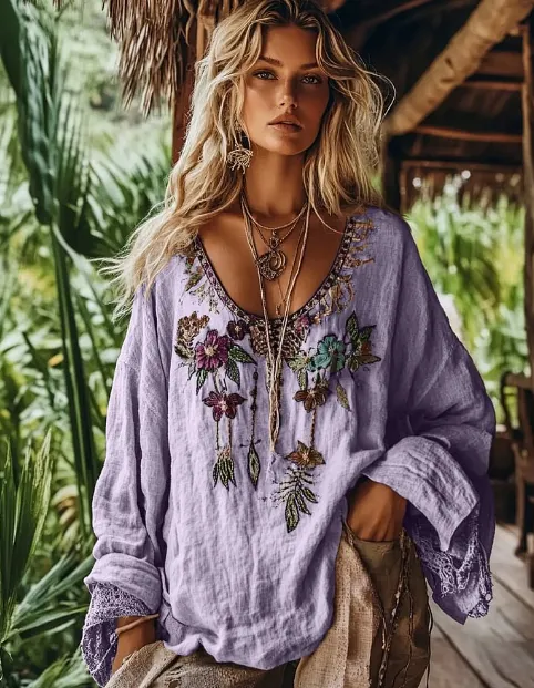 Vintage Violet Floral Art V Neck Cotton Linen Shirt - Dark Purple