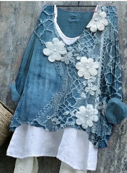 Retro Casual Floral Art Linen Blend Blouses Blue - Shop at LoveMi