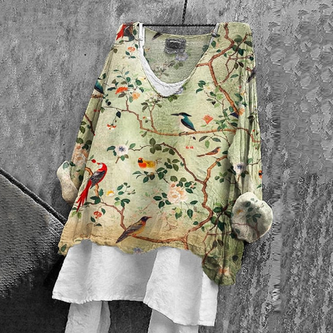 Women's Japanese Vintage Flower Bird Art Print Loose V-neck Shirt