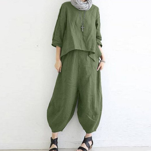 Women's Loose Fit Casual Cotton Linen Two-Piece Set
