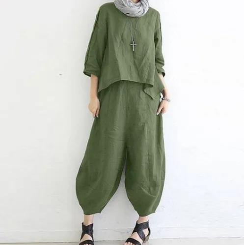 Women's Loose Fit Casual Cotton Linen Two Piece Set Green - Shop at LoveMi
