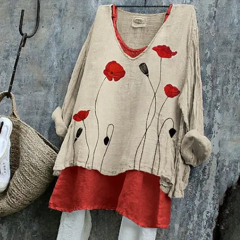 Classy Poppies Pattern Linen Long sleeve Top Red - Shop at LoveMi