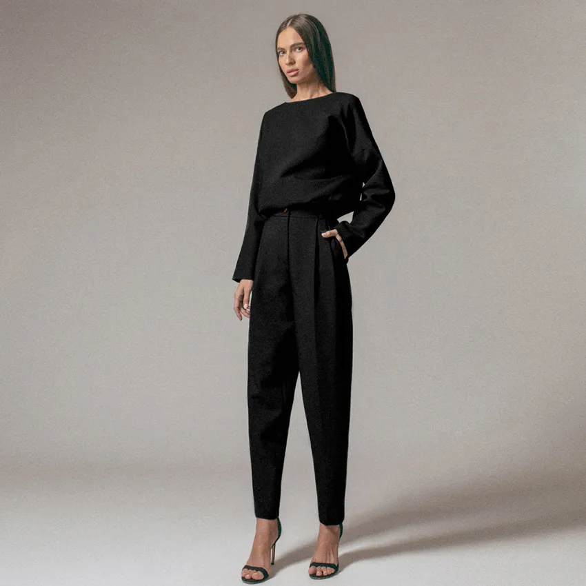 Professional Solid Color Round Neck Bottoming Shirt Women's Clothing - Black Set - View 1