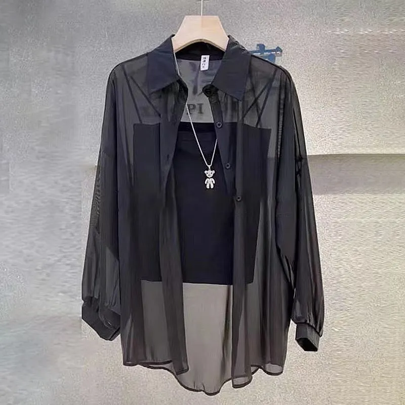 Loose All-match Fashionable Mid-length Shirt Thin Sun Protection Clothing For Women - Black