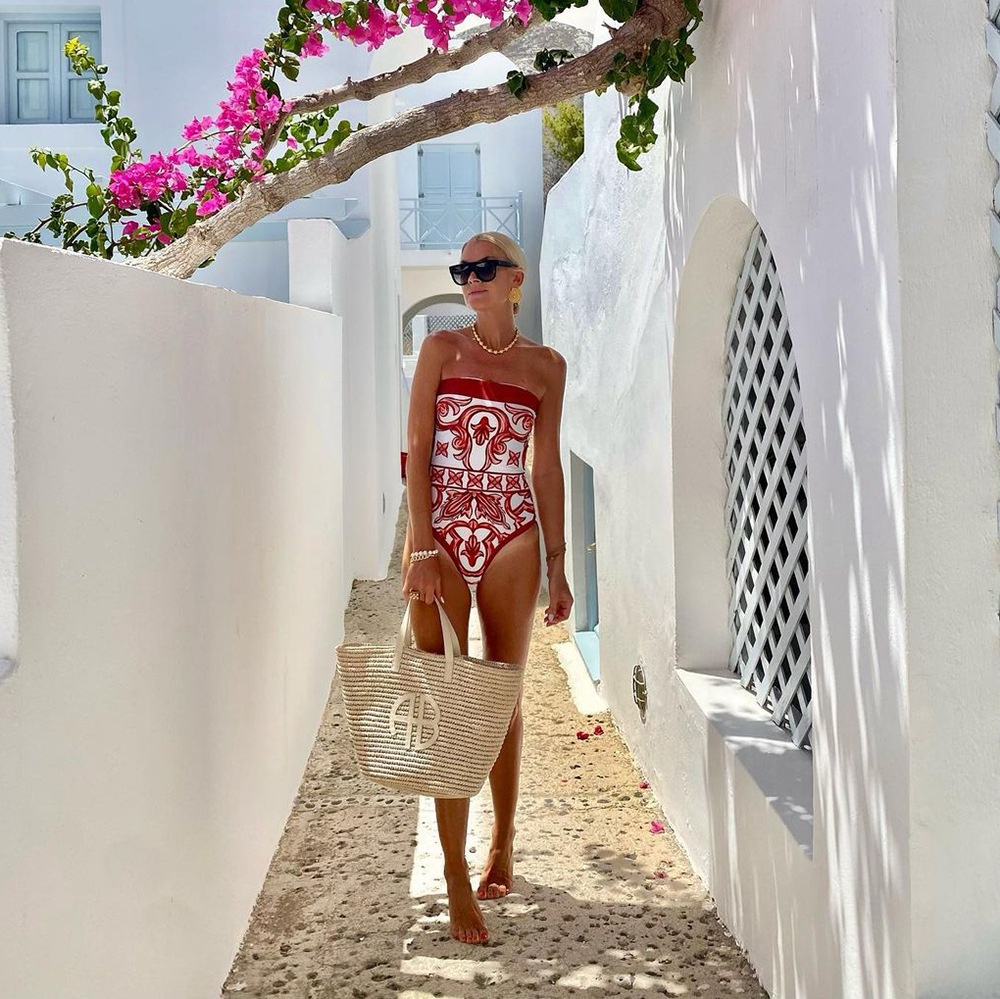 Red and White Printed One Piece Swimsuit with Skirt Cover Up