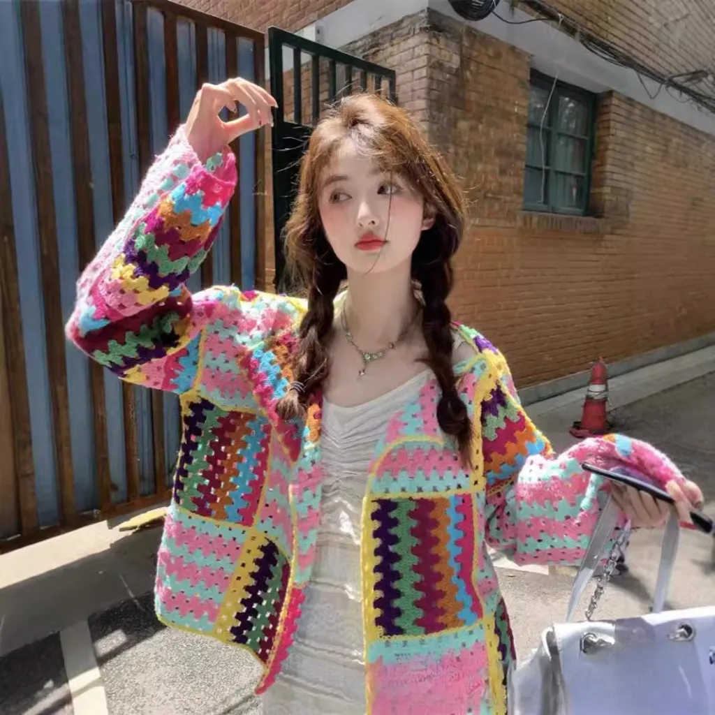 Sweet Heavy Industry Color Woven Crochet Loose Slim Long Sleeve Sweater - Pink