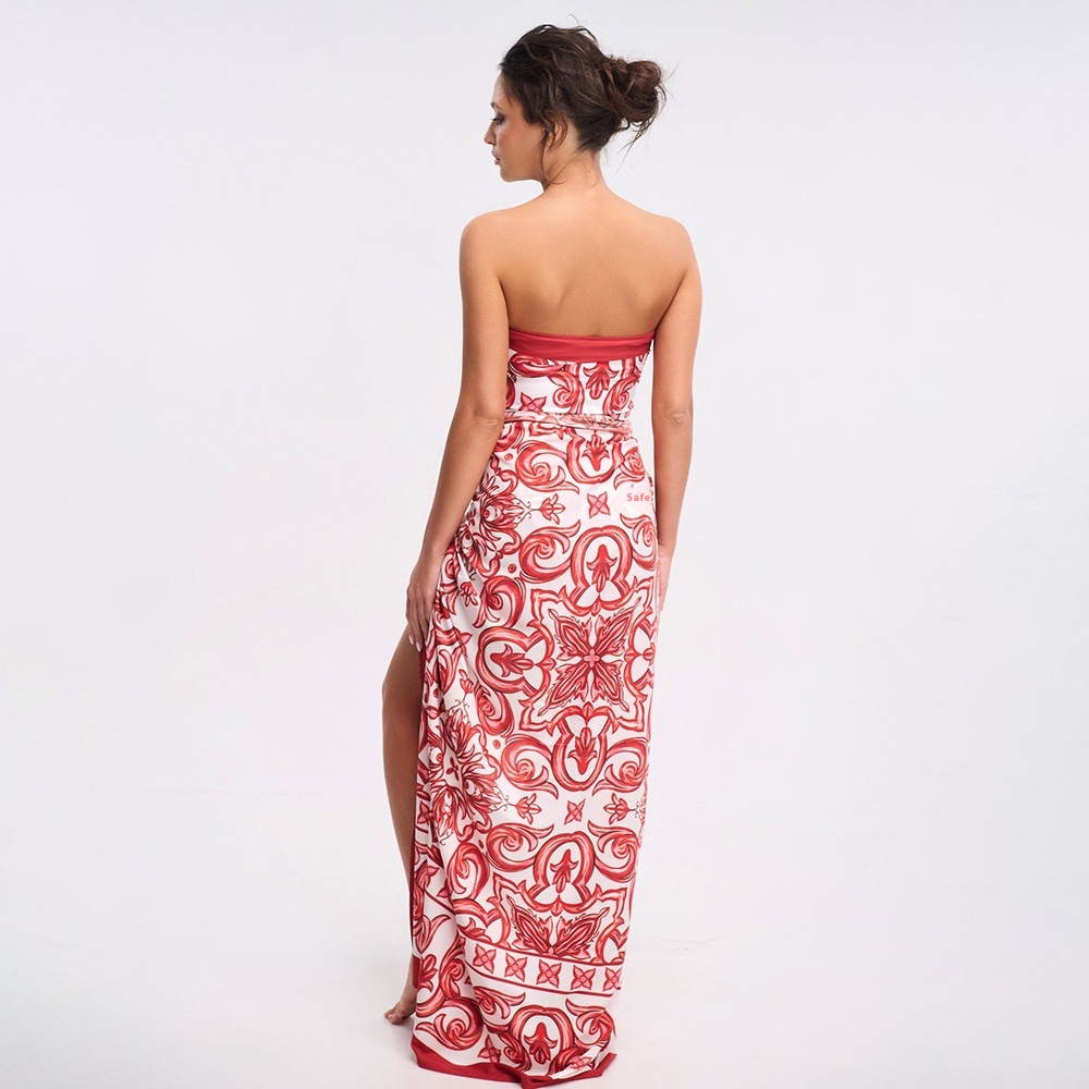 Red and White Printed One Piece Swimsuit with Skirt Cover Up