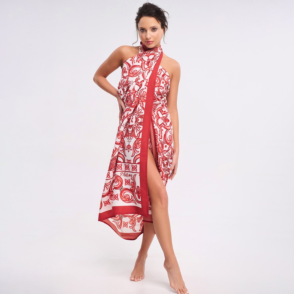 Red and White Printed One Piece Swimsuit with Skirt Cover Up