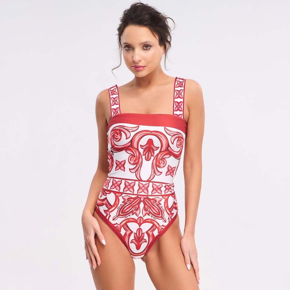 Red and White Printed One Piece Swimsuit with Skirt Cover Up