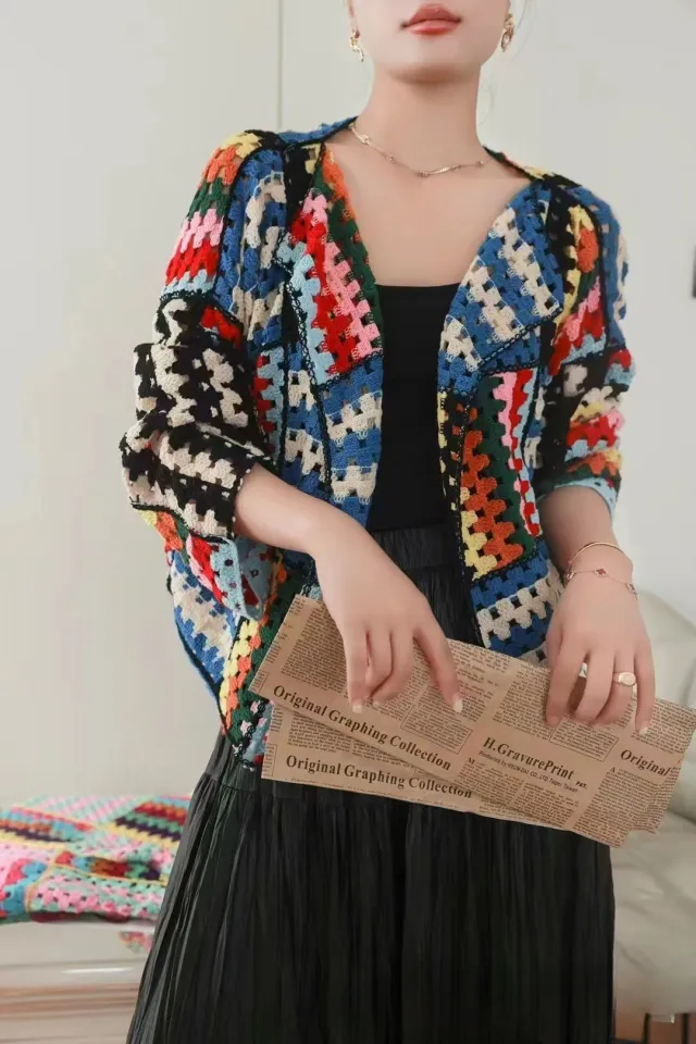 Sweet Heavy Industry Color Woven Crochet Loose Slim Long Sleeve Sweater Blue - Shop at LoveMi