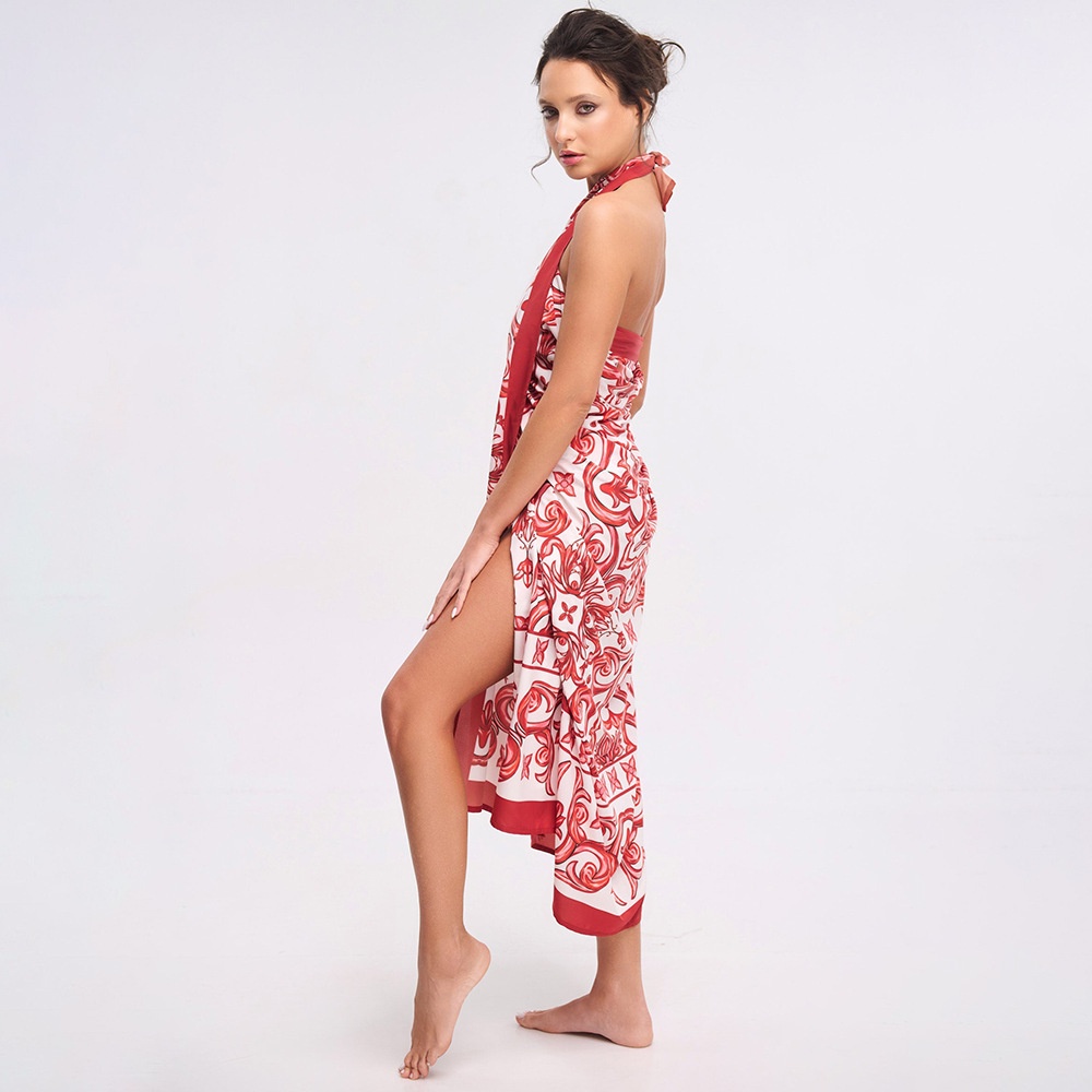Red and White Printed One Piece Swimsuit with Skirt Cover Up