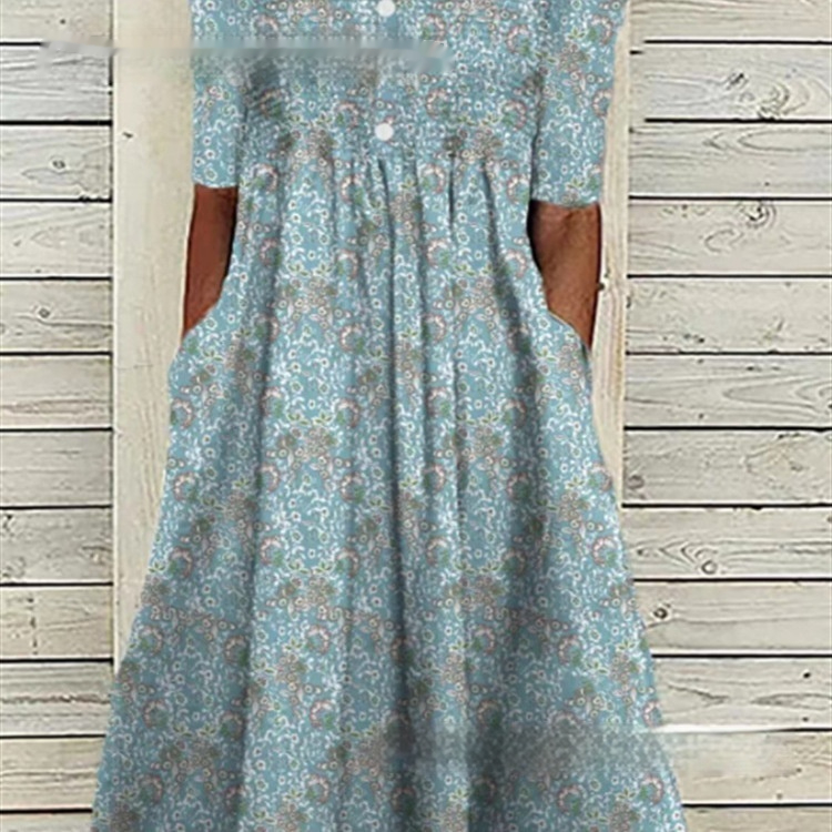 Women's Printed Floral V-neck Olive Mid-sleeve Pocket Dress