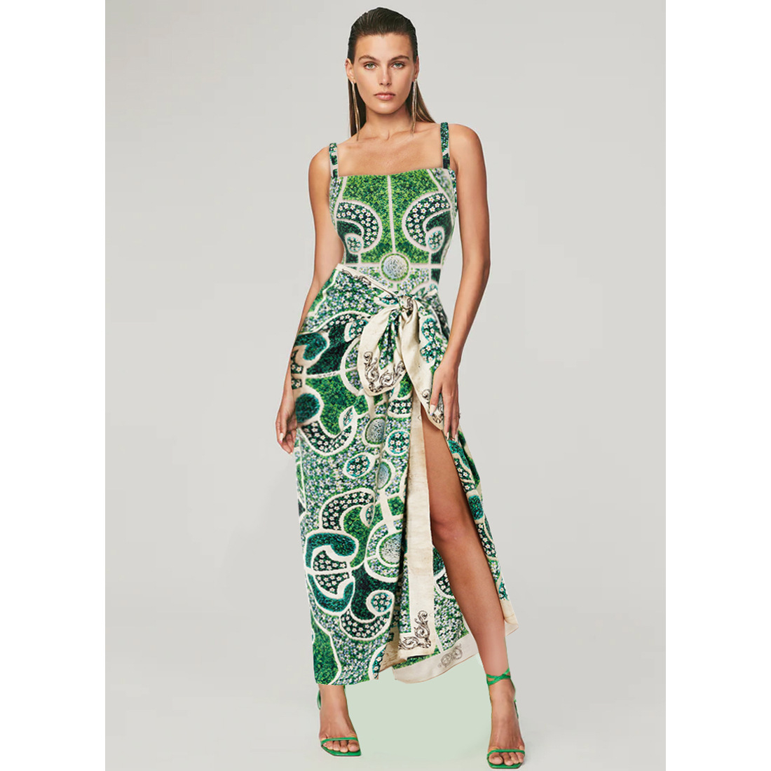 Green Print One Piece Swimsuit with Wrap Skirt Cover Up