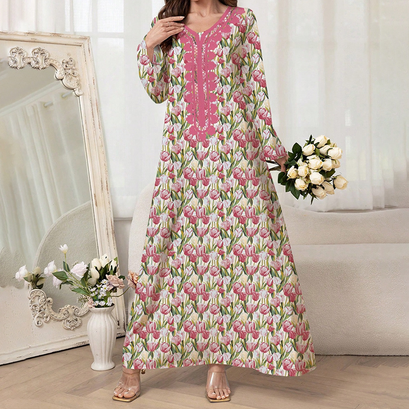 Vacation Style Long Sleeved A-line Flower Dress