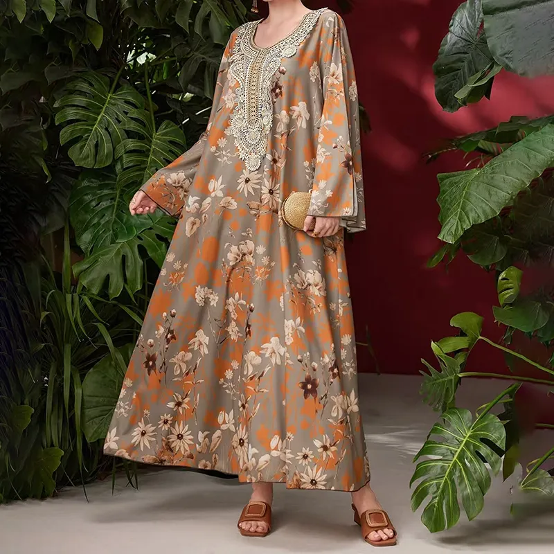 Women's Elegant Plus Size Printed Long Skirt - Khaki