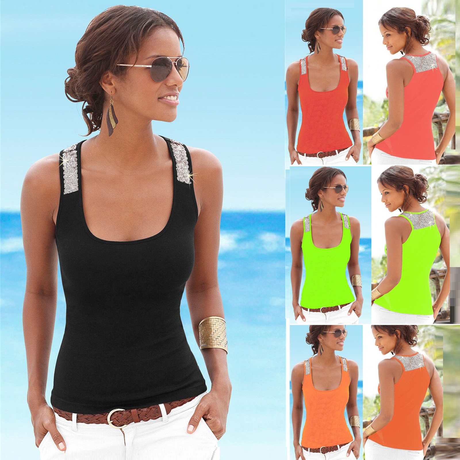 European And American Stitching Milk Silk Square Neck Sleeveless Top Sexy