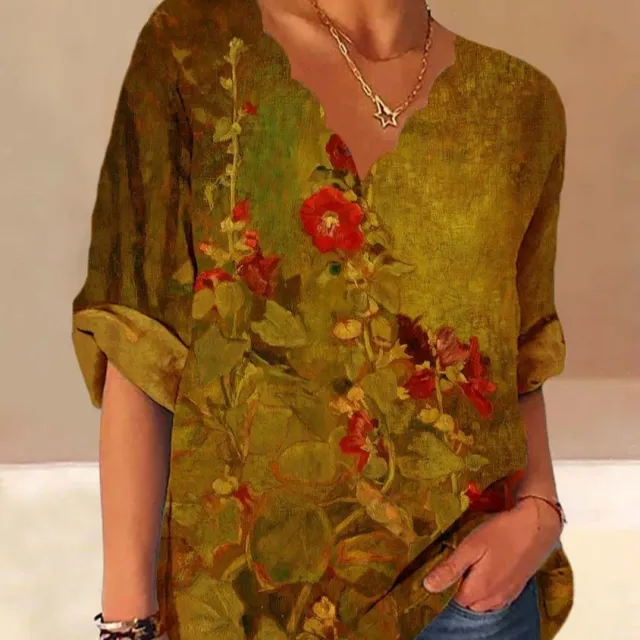 European And American Autumn Fluted Collar Cotton And Linen Retro Printed Shirt Women Khaki - Shop at LoveMi