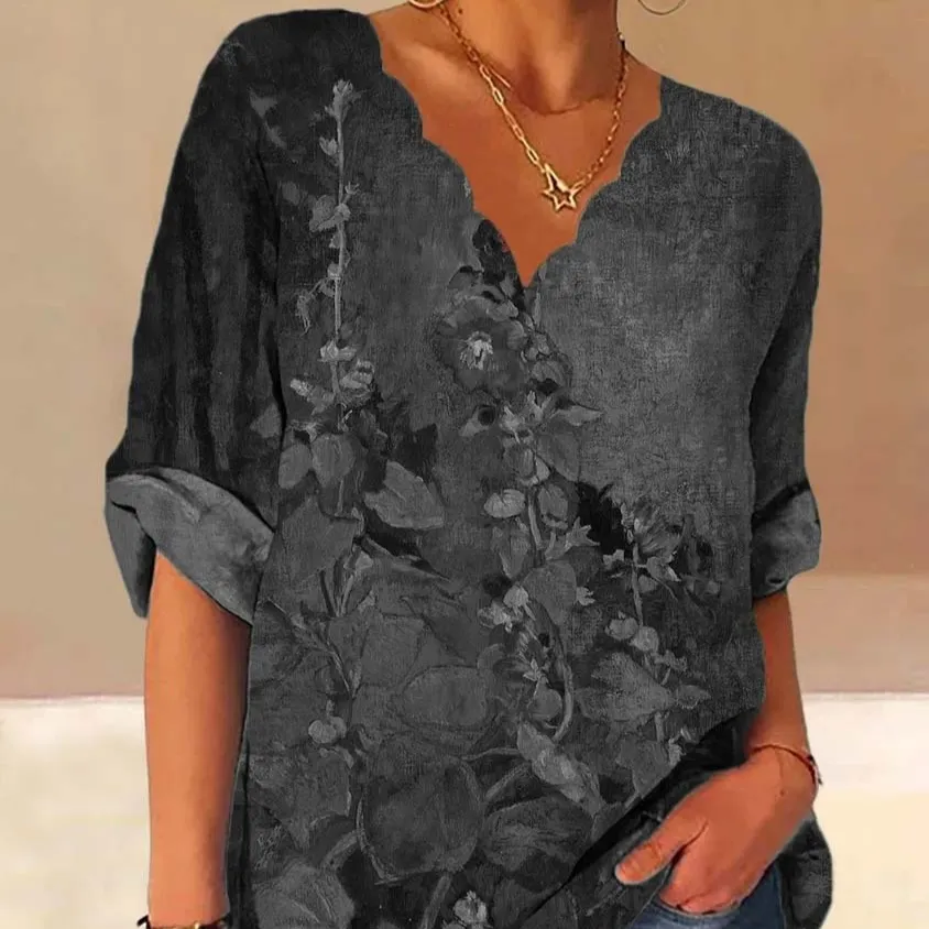 European And American Autumn Fluted Collar Cotton And Linen Retro Printed Shirt Women - Gray