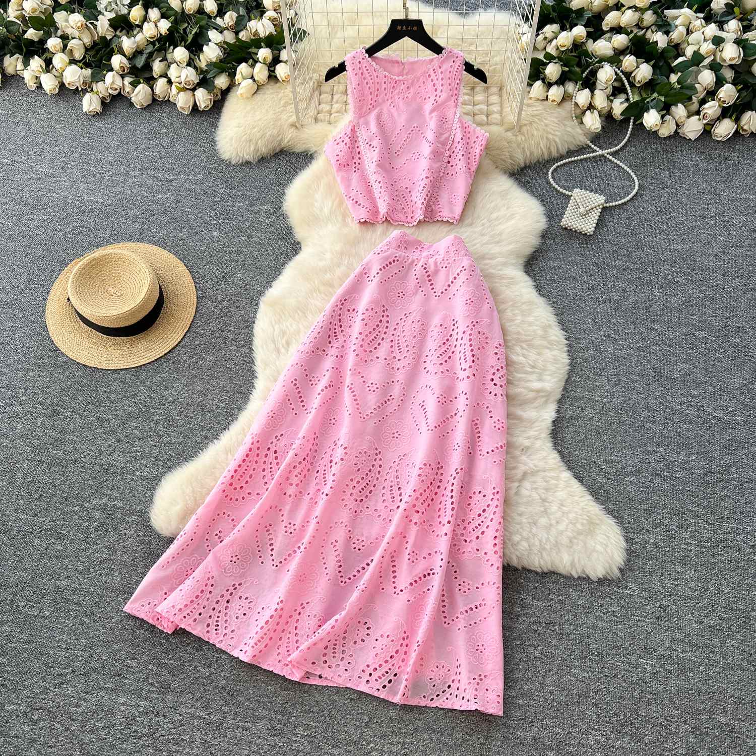 Hollow-out Crocheted Sleeveless Vest Top High Waist Skirt Suit