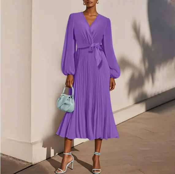 Pleated V neck Long Sleeve Chiffon Women's Dress Purple - Shop at LoveMi