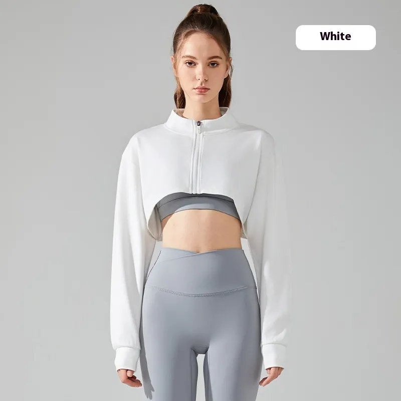 Short Navel Yoga Clothes Coat Long Sleeve Stand Collar - Tan