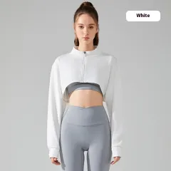 Short Navel Yoga Clothes Coat Long Sleeve Stand Collar - Tan - View 1