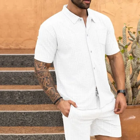 Men's Jacquard Button Shirt Lapel Casual T-shirt Suit