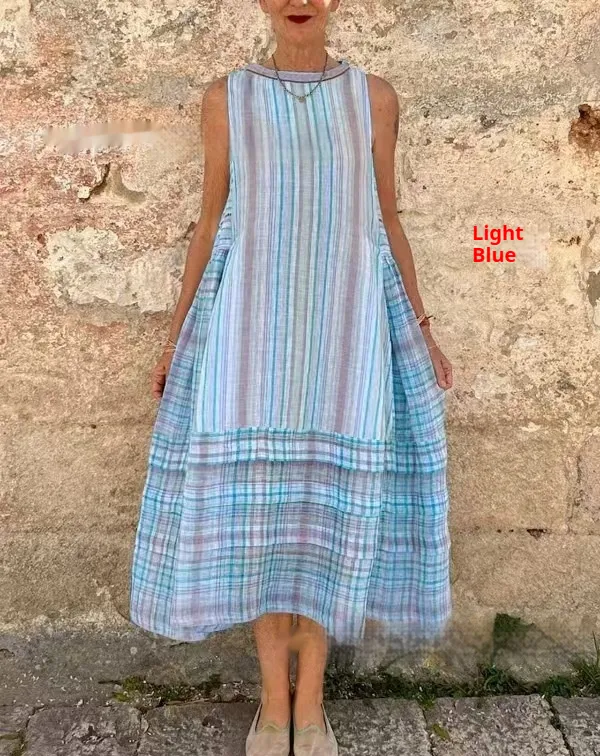Fashion Round Neck Plaid Sleeveless Swing Women's Dress Light Blue - Shop at LoveMi