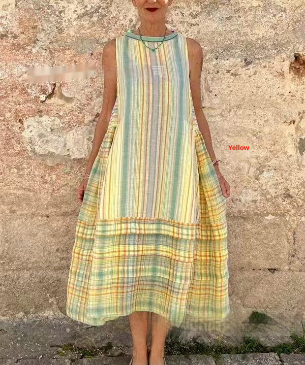 Fashion Round Neck Plaid Sleeveless Swing Women's Dress