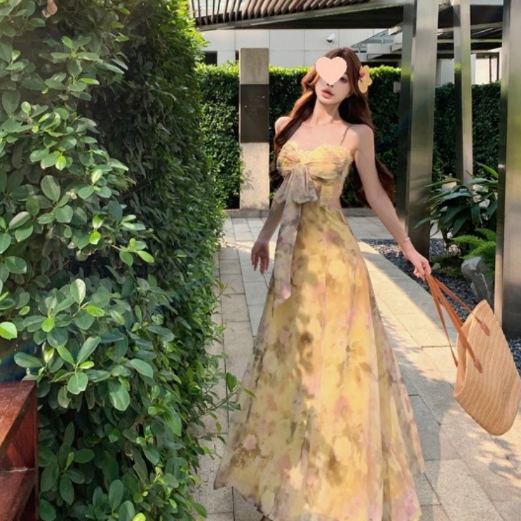 Lace Stitching Strap Printing Sling Slim Fit Holiday Dress