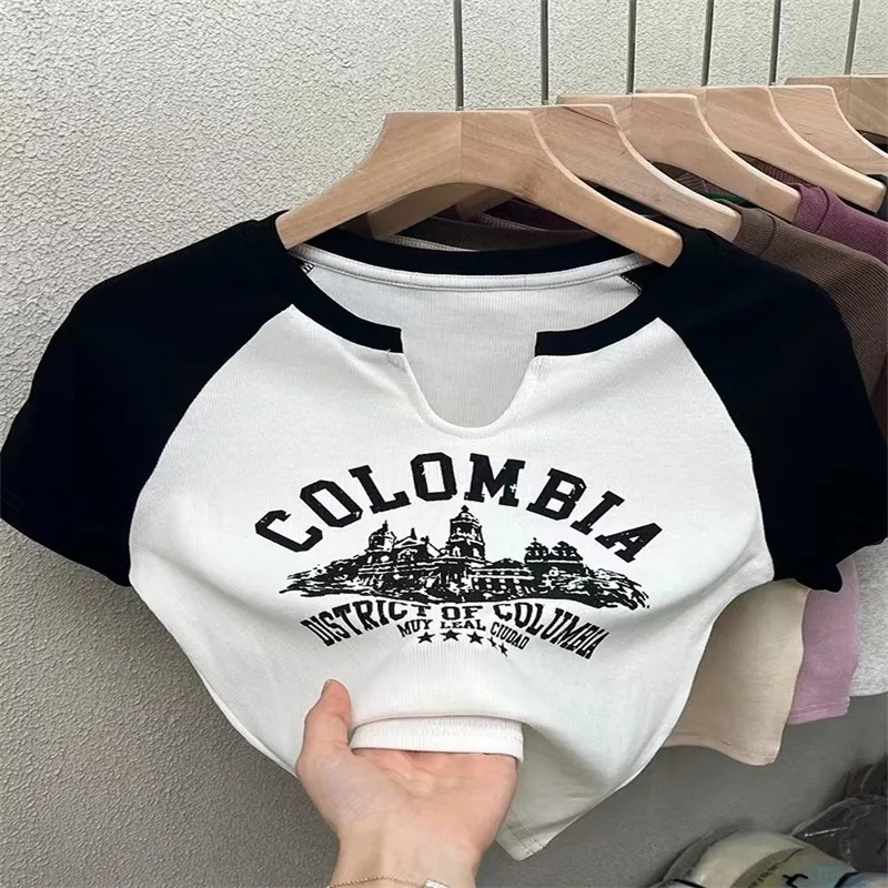 Shoulder Slimming Letters Short-sleeved T-shirt Women's Color Matching Casual Print Top
