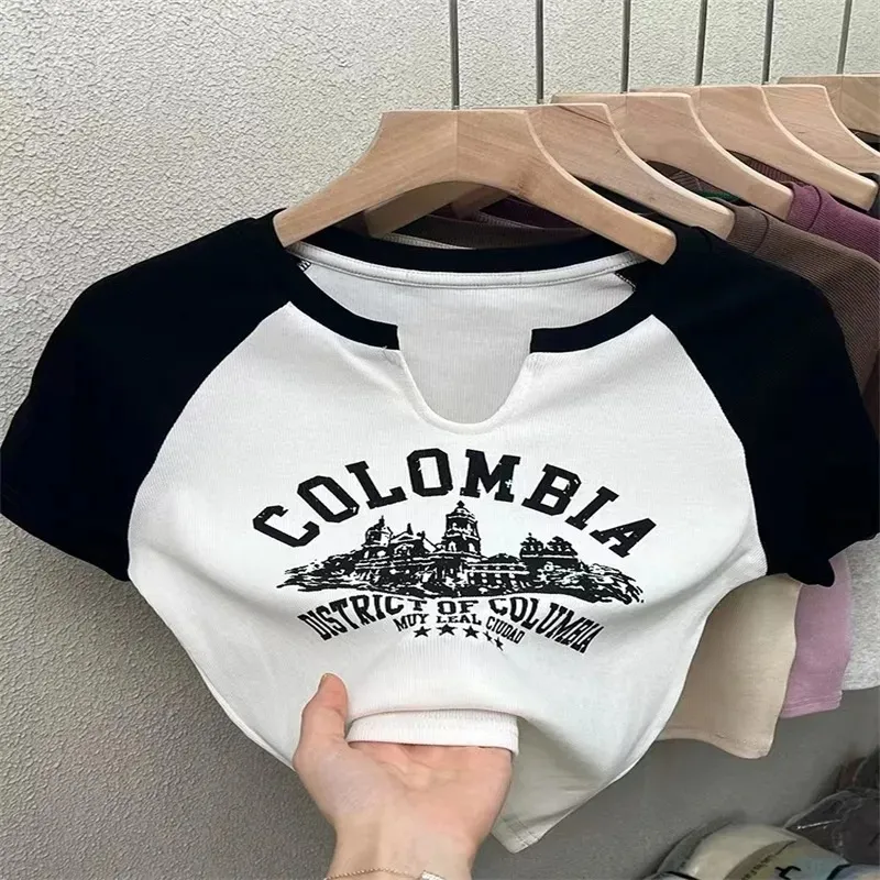 Shoulder Slimming Letters Short-sleeved T-shirt Women's Color Matching Casual Print Top - White
