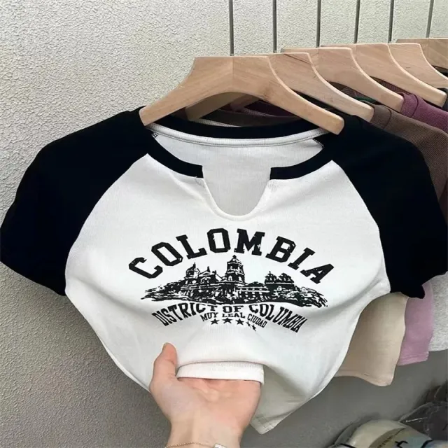 Shoulder Slimming Letters Short sleeved T shirt Women's Color Matching Casual Print Top White - Shop at LoveMi