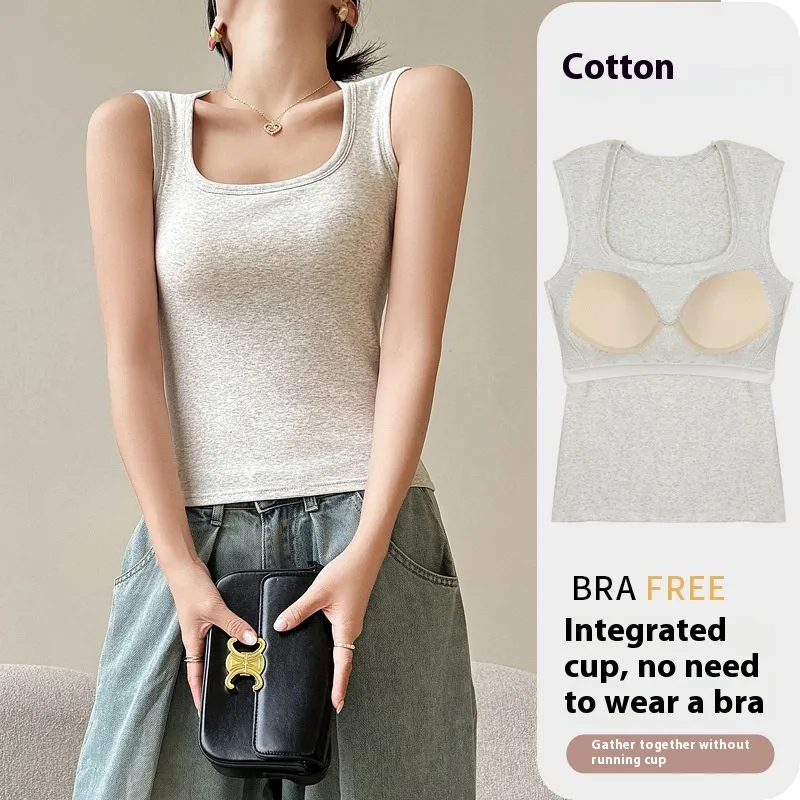 Women's Pure Cotton With Chest Pad Sling Small Tank Top Top - Greige